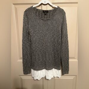 AB Studio Gray Sweater with White Lace Hem